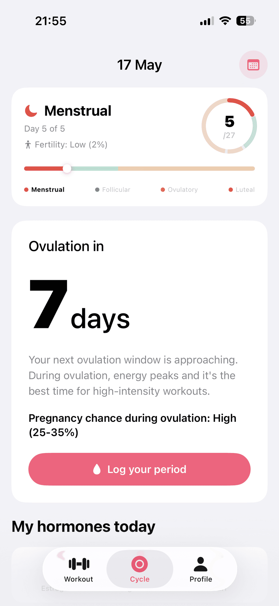 CycleFit Cycle page showing Ovulation in 7 days