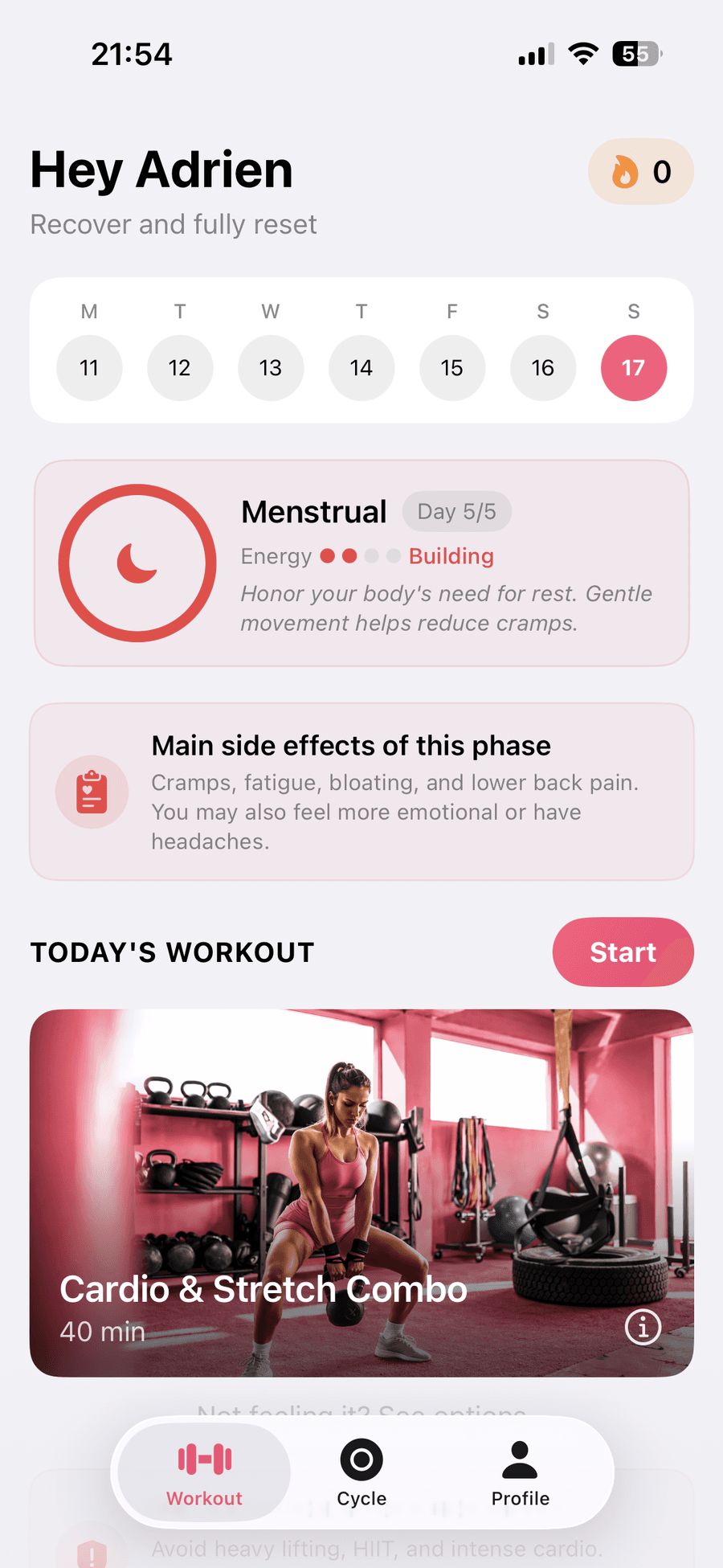 CycleFit Home screen during Menstrual phase