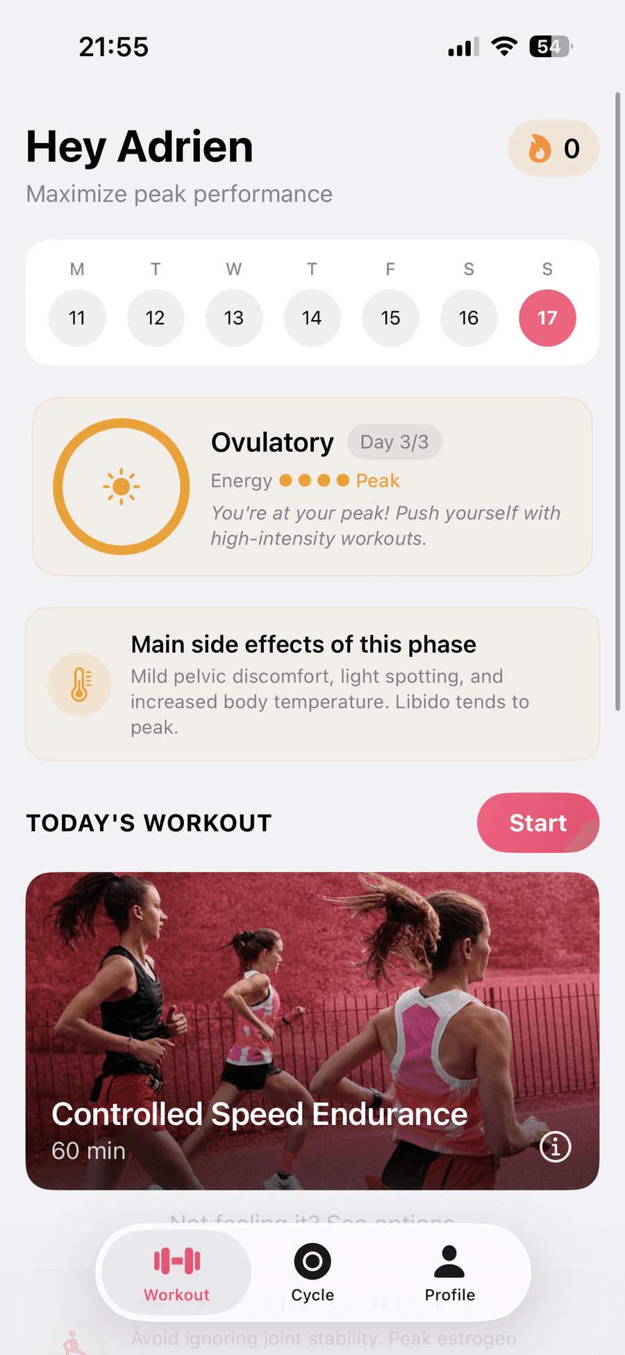 CycleFit Home during Ovulatory phase with peak energy workout