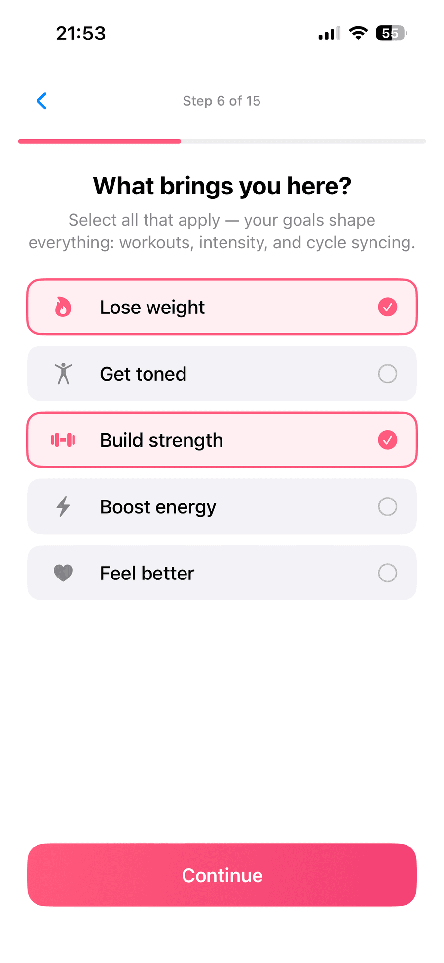 CycleFit onboarding screen asking about fitness goals