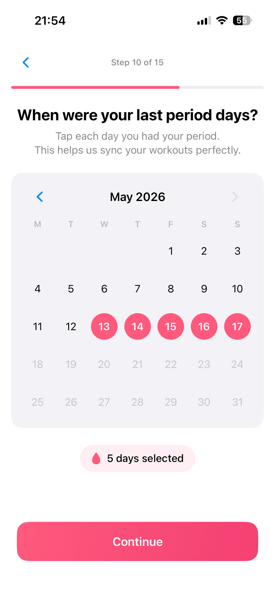 CycleFit onboarding period log calendar